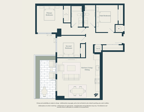 Floor plan for 3 beds, 2 baths, 1240 sqft